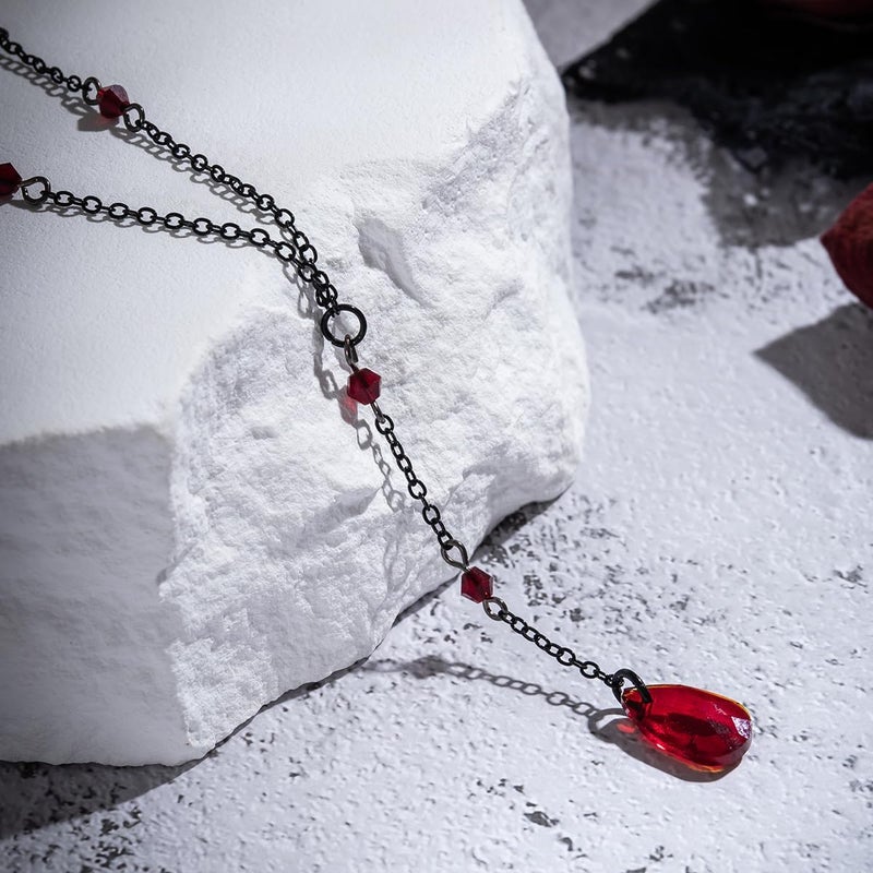 Cicod Gothic Y Necklace,Goth Black Red Crystal Bead Teardrop Necklace,Punk Y Necklace,Halloween Christmas New Year Jewelry Vampire Accessories for Women - Image 3